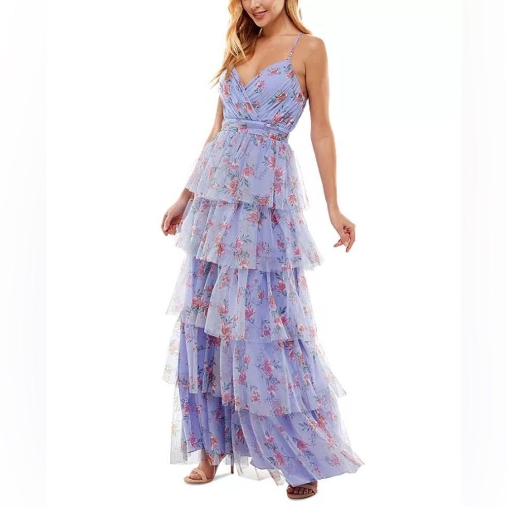 Macy's City Studios Juniors' Printed Tiered-Skirt Tulle Dress in Lillac Size 3/4